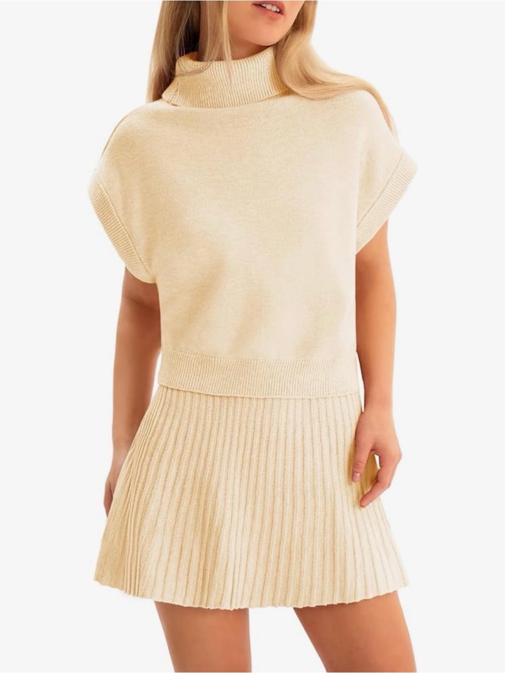 White Knit Turtleneck Sweater And Skirt